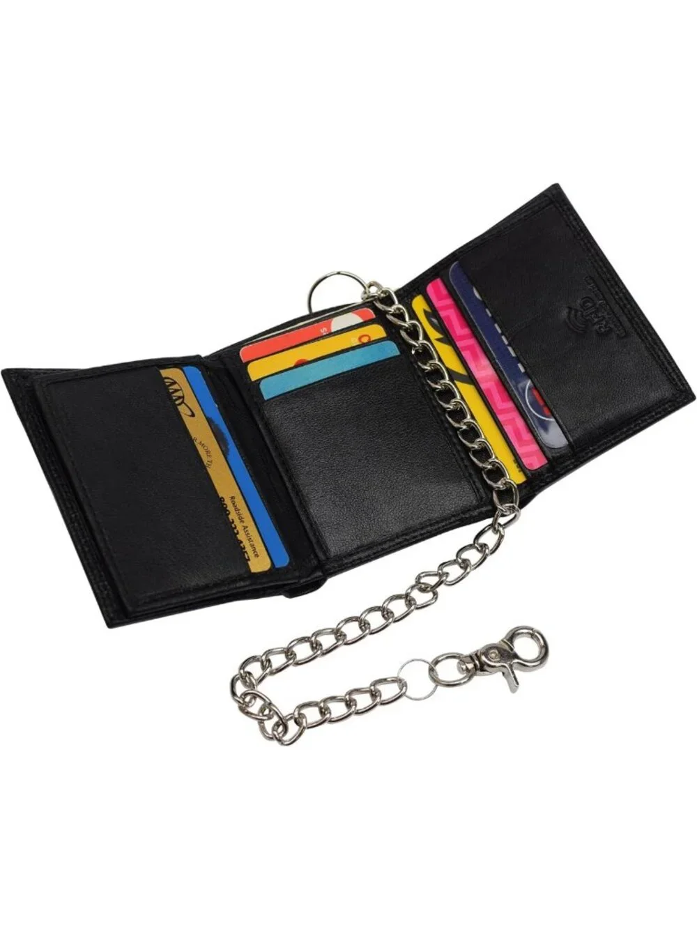 Men's Premium Leather Trifold Wallet with RFID Blocking & Chain - Black